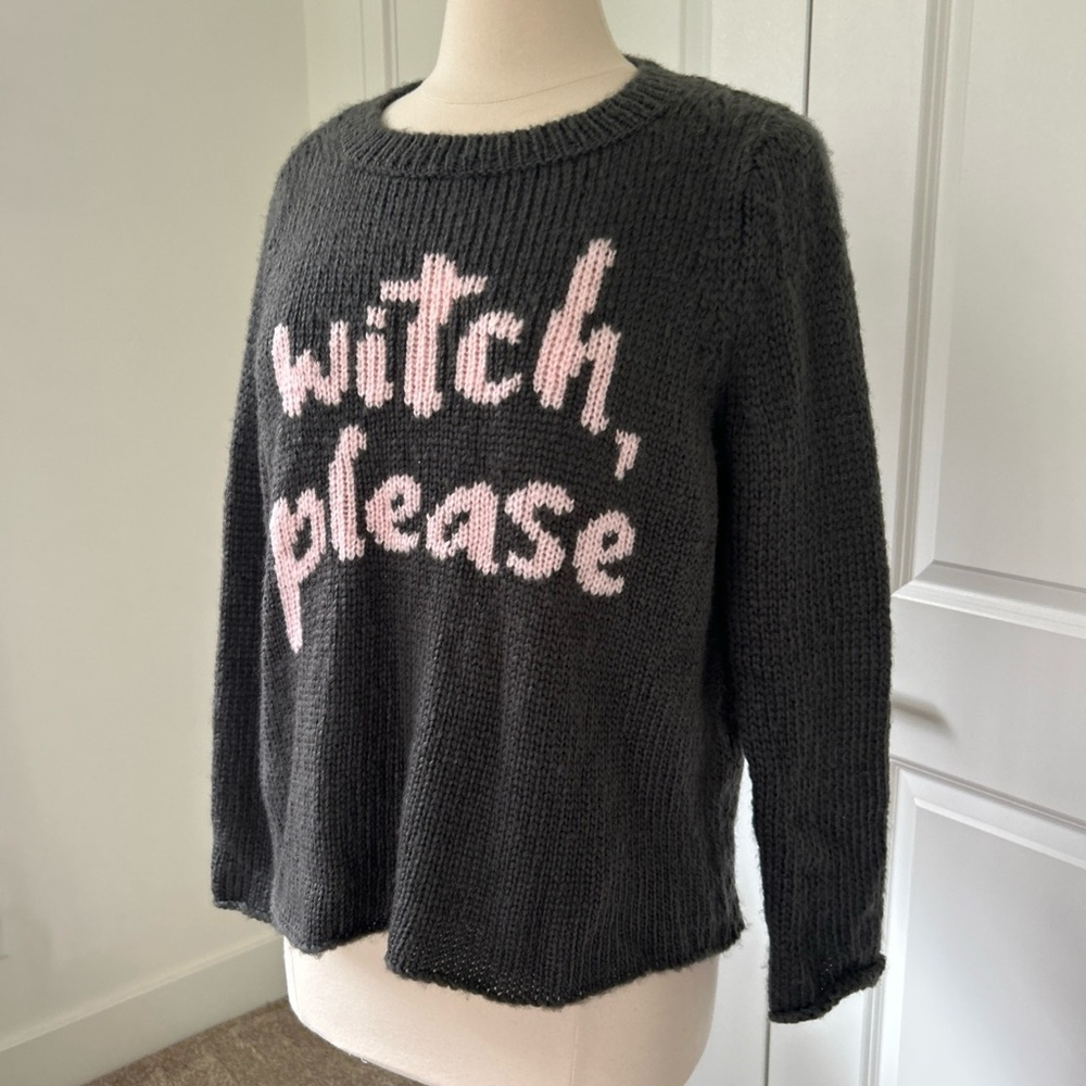 WOODEN SHIPS size X/S XS S Gray Pink WITCH PLEASE Pullover Sweater 44”B - Picture 2 of 5